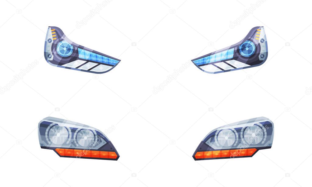 Pair of Headlamp or Headlights as Lamp Attached to Front of Vehicle for Illumination of Road Vector Set