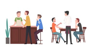 Kafe Masasında Garsonla Oturan Karakter Onlara Vektör Seti Veriyor
