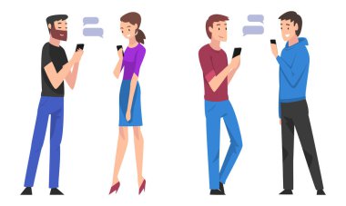 Genç Adam ve Kadın Akıllı Telefon Sohbeti ve Sosyal Medya Uygulama Vektörü ile Mesajlar Gönderiyor