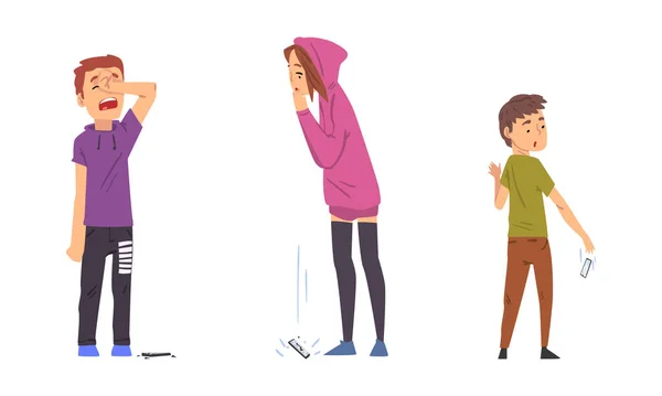 Teenage Girl and Boy Dropping Their Smartphone by Accident Vector Set — Stockvektor