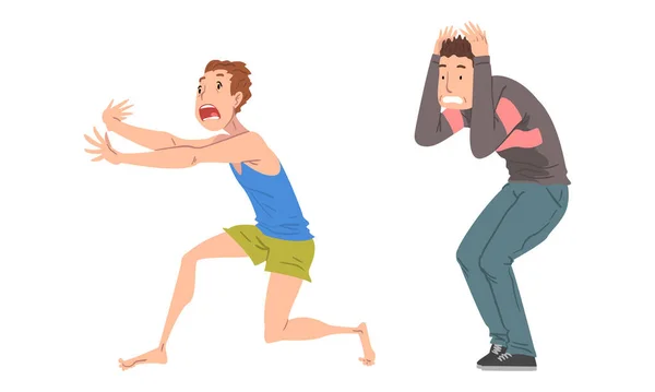 Panicked Man Afraid of Something Shouting with Fear and Escaping Feeling Scared and Terrified Vector Set — Stock Vector