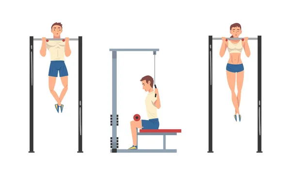 Man and Woman at Gym Training with Sport Machine Vector Set — Stock Vector