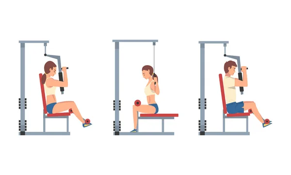 Mężczyzna i kobieta na siłowni Trening z Sport Machine Vector Set — Wektor stockowy