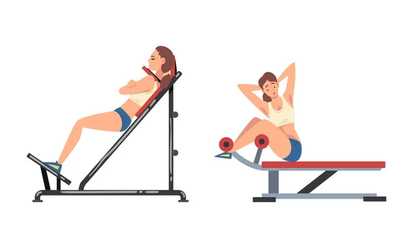 Mujer en el gimnasio de entrenamiento con deporte máquina vectorial conjunto — Vector de stock