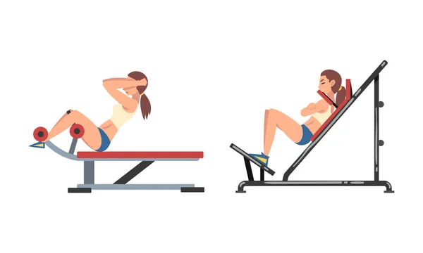 Woman at Gym Training with Sport Machine Vector Set — Stock Vector