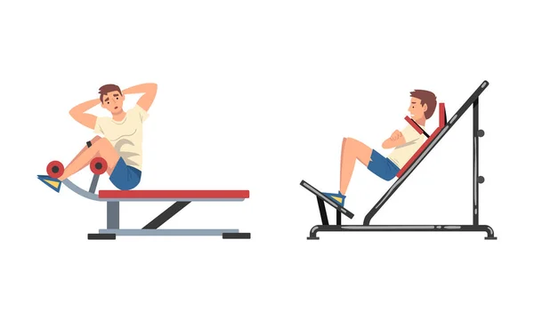 Hombre en el entrenamiento del gimnasio con el juego de vectores de máquina deportiva — Vector de stock