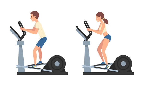 Man and Woman at Gym Training with Treadmill Sport Machine Vector Set — Stock Vector