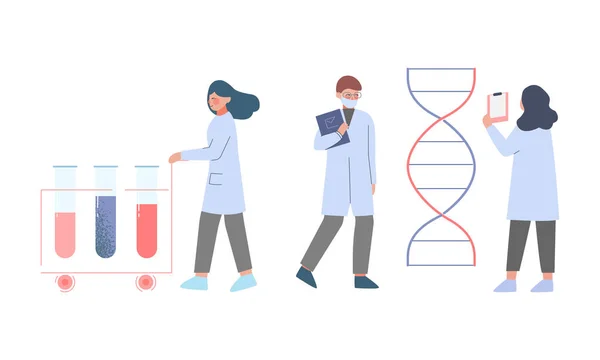 Científico en el laboratorio con carácter de la gente pequeña en la capa blanca que hace la investigación química con el sistema enorme del vector del equipo del laboratorio — Archivo Imágenes Vectoriales