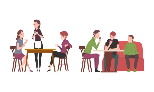 People Character Sitting at Cafe Table with Waitress Serving Them Vector Set — Stock vektor