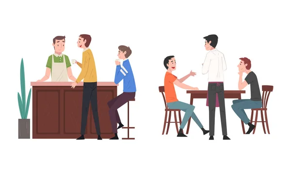 Personaje de la gente sentado en la mesa del café con camarero sirviéndoles conjunto de vectores — Vector de stock