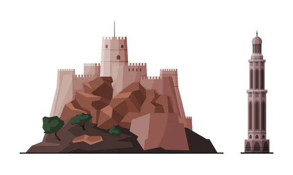 Edificio storico e monumenti della città di Oman Muscat con Fort Nizwa e Tall Tower Vector Set — Vettoriale Stock