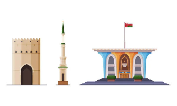Omán Muscat City Historické budovy a památky Vektor Set — Stockový vektor