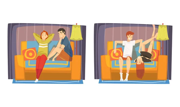 Ζευγάρι στο σπίτι κάθεται στον καναπέ και βλέποντας ταινία μαζί Vector Set — Διανυσματικό Αρχείο