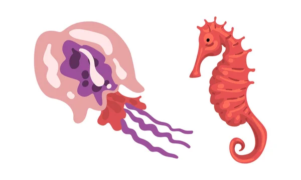 Animales submarinos con medusas y un conjunto de vectores de caballitos de mar — Vector de stock