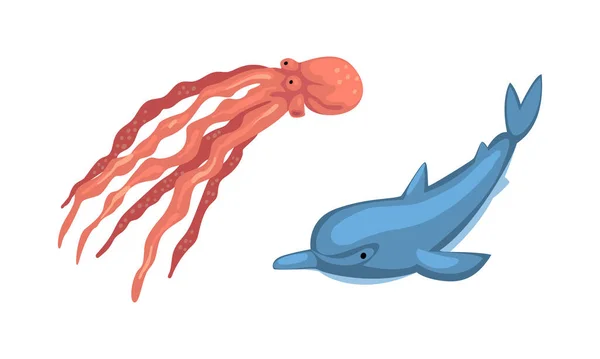 Underwater Animals with Jellyfish and Dolphin Vector Set — Stockvektor