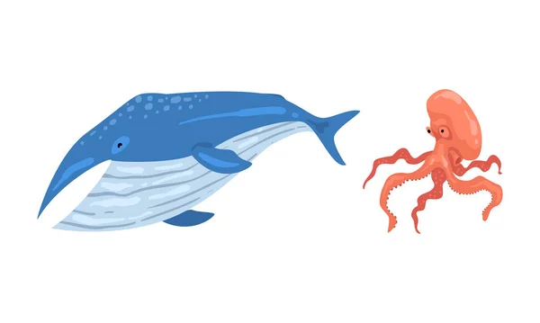 Підводні тварини з восьминогом і вектором кита — стоковий вектор