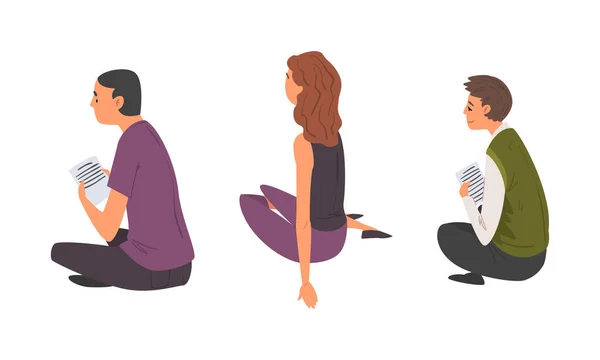 Man and Woman with Sheet of Paper Sitting on the Floor Chatting Online via the Internet or Talking Face to Face Vector Set — стоковий вектор