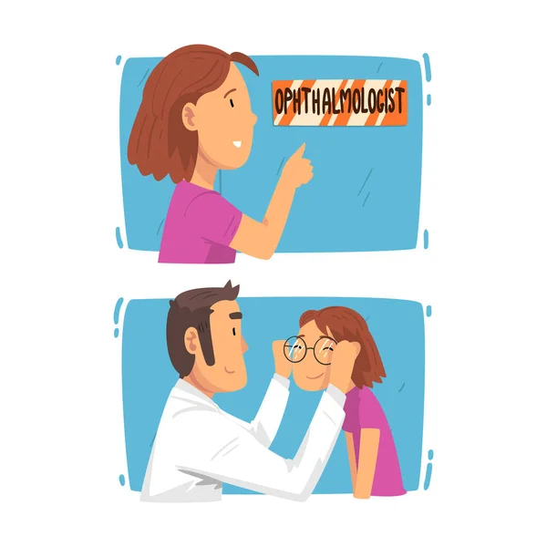 Ophthalmology Diagnostics with Teen Girl Having Eyesight and Vision Checkup and Correction Vector Set — 스톡 벡터