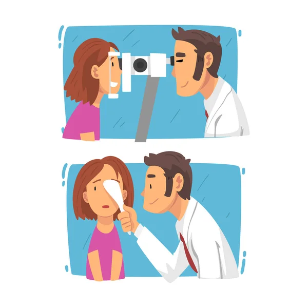 Ophthalmology Diagnostics with Teen Girl Having Eyesight and Vision Checkup and Correction Vector Set — Stock vektor