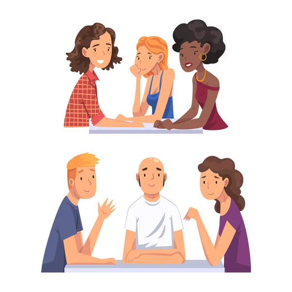 Group of People Character Sitting at Desk Recording Podcast Vector Set - Stok Vektor