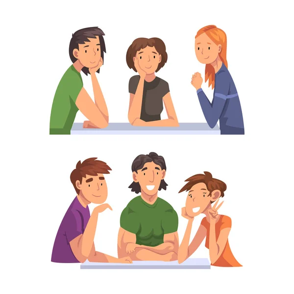Group of People Character Sitting at Desk Recording Podcast Vector Set - Stok Vektor