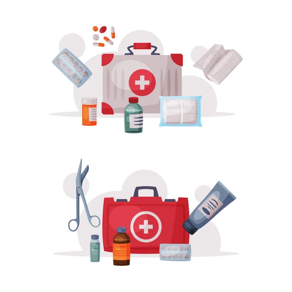 Boîte de trousse de premiers soins avec médicament pour ensemble vectoriel de soins médicaux — Image vectorielle