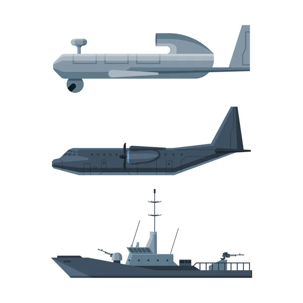 Aircraft and Marine Military Vehicle or Transport Equipment Vector Set — Stock vektor