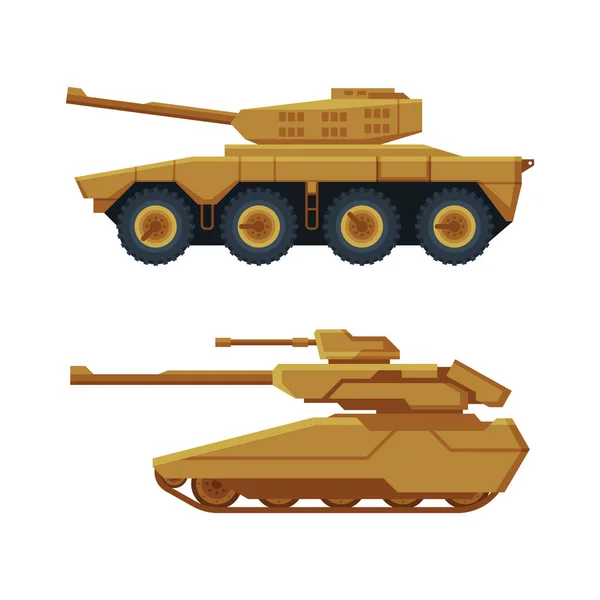 Tanque como vehículo blindado de combate y equipo de transporte militar conjunto de vectores — Archivo Imágenes Vectoriales