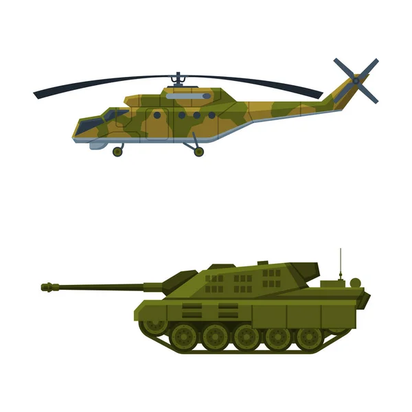 Tanque y helicóptero como vehículo blindado de combate y equipo de transporte militar conjunto de vectores — Vector de stock
