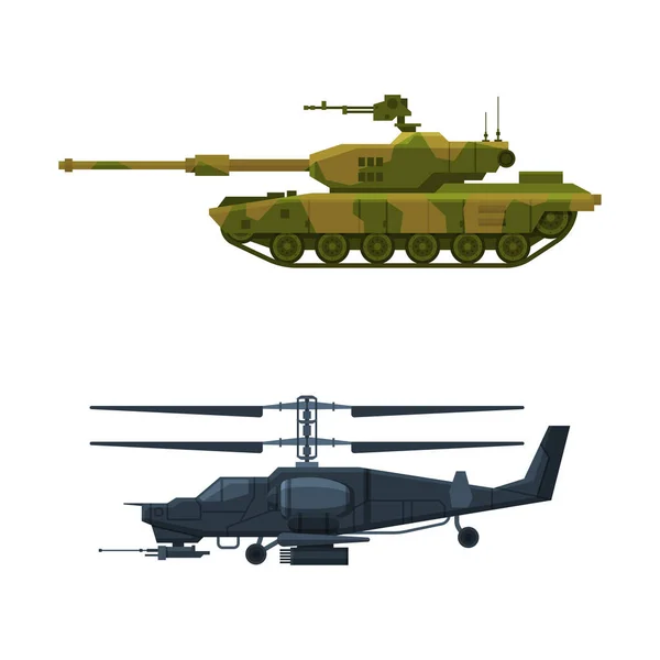 Tanque y helicóptero como vehículo blindado de combate y equipo de transporte militar conjunto de vectores — Vector de stock