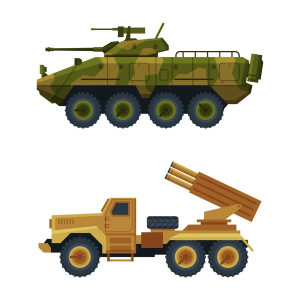 Portador de personal blindado como vehículo blindado de combate y equipo de transporte militar conjunto de vectores — Archivo Imágenes Vectoriales