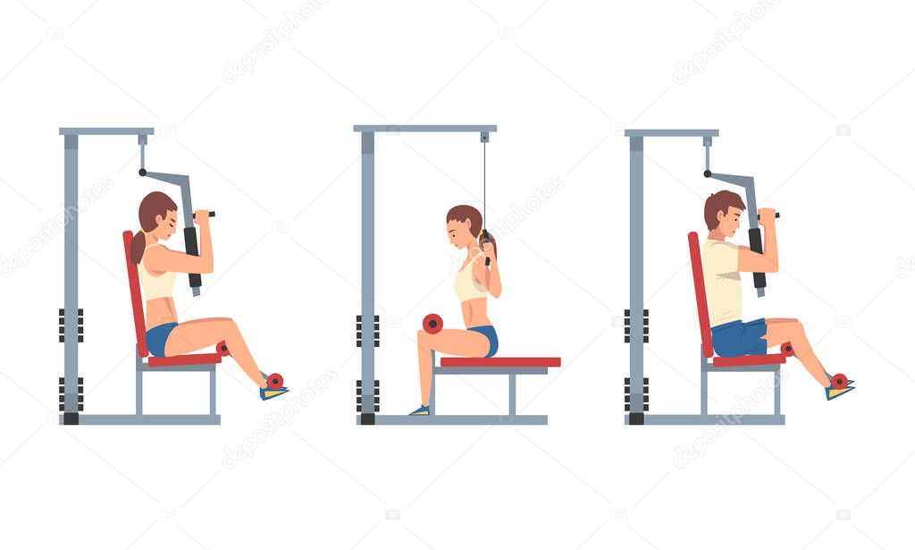Man and Woman at Gym Training with Sport Machine Vector Set