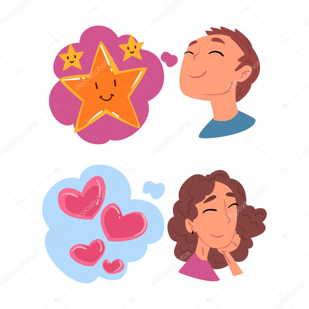 Young Man and Woman Thought and Need in Cloud Vector Set