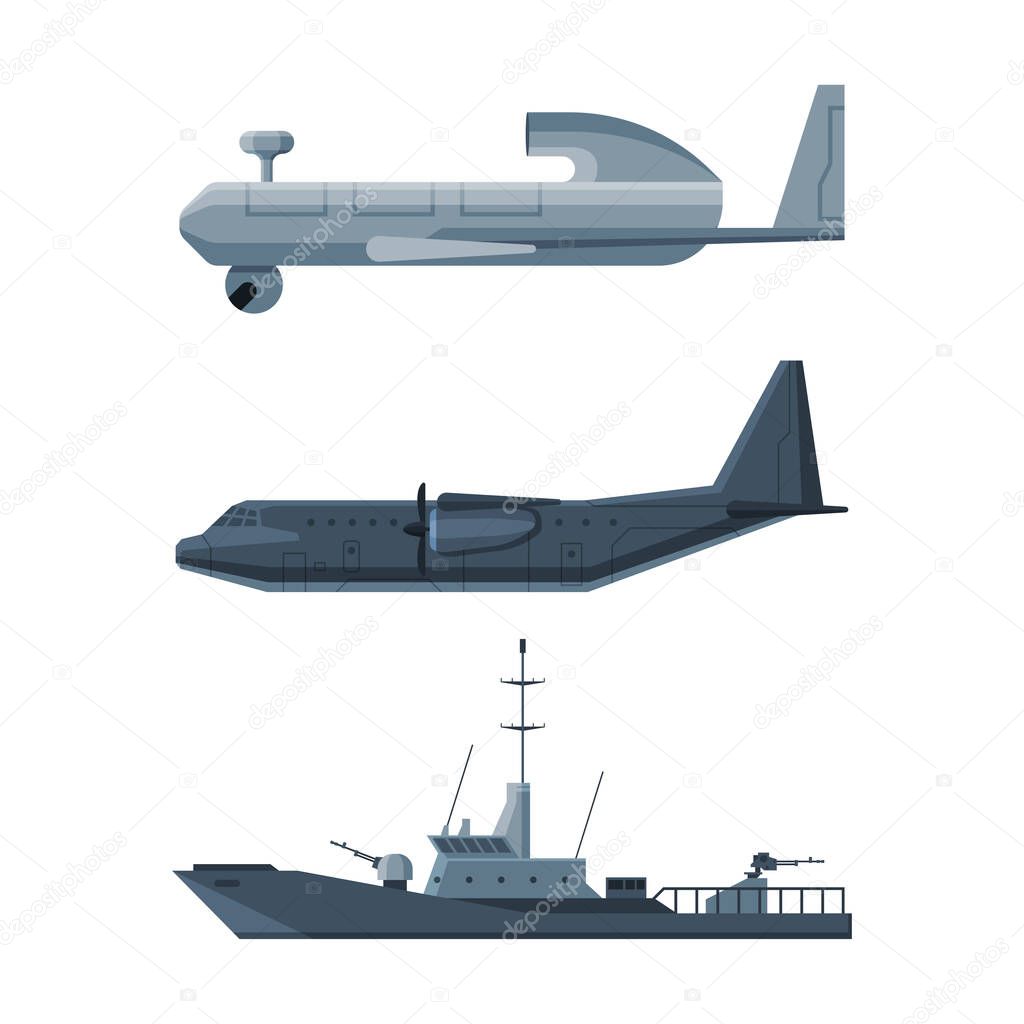 Aircraft and Marine Military Vehicle or Transport Equipment Vector Set