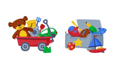 Oyuncak Kutusu Oyuncak Ayı, Gemi ve Taşak Vektörü Ayarlı