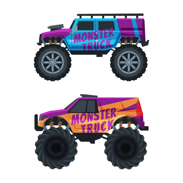 Monster Truck with Four-wheel Steering and Oversized Tires for Competition and Entertainment Vector Set — Stockvector