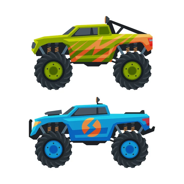 Monster Truck with Four-wheel Steering and Oversized Tires for Competition and Entertainment Vector Set —  Vetores de Stock