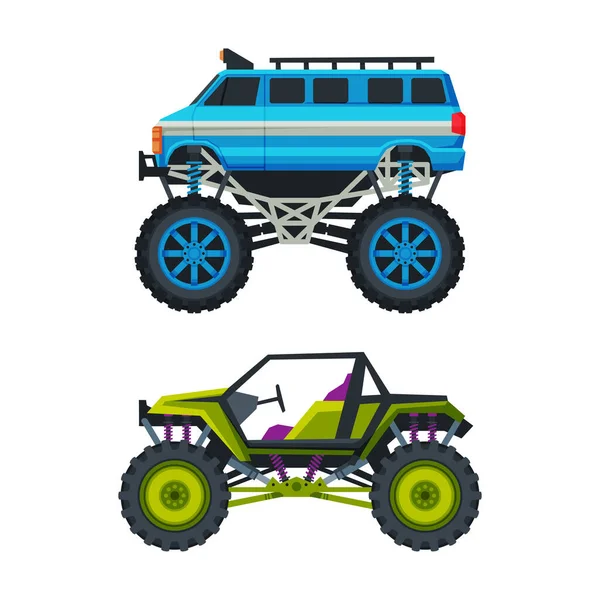 Monster Truck with Four-wheel Steering and Oversized Tires for Competition and Entertainment Vector Set — Stockvector