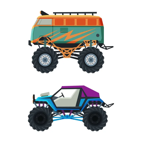 Monster Truck with Four-wheel Steering and Oversized Tires for Competition and Entertainment Vector Set — Stockvector