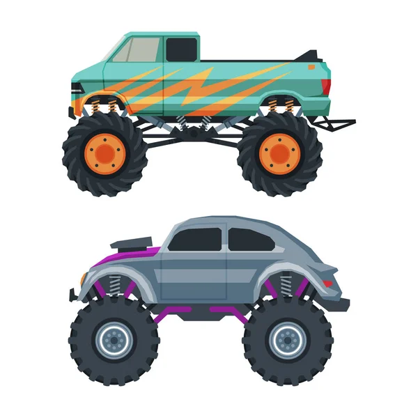 Monster Truck with Four-wheel Steering and Oversized Tires for Competition and Entertainment Vector Set —  Vetores de Stock