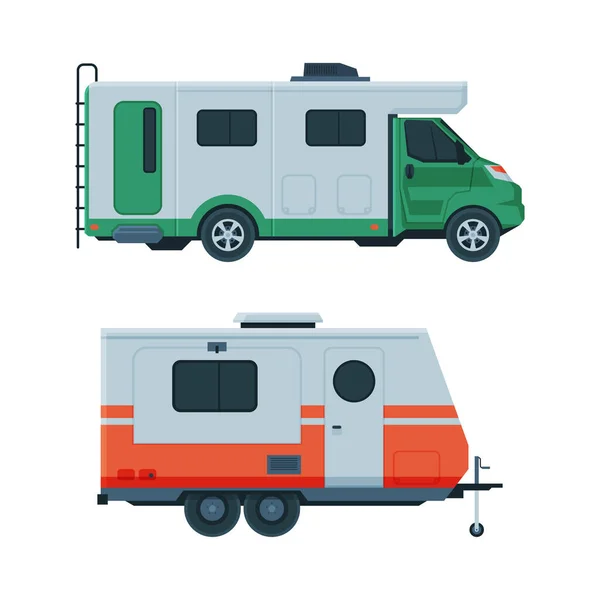 Caravan or Travel Trailer as Towed Behind Road Vehicle Side View Vector Set — Vetor de Stock