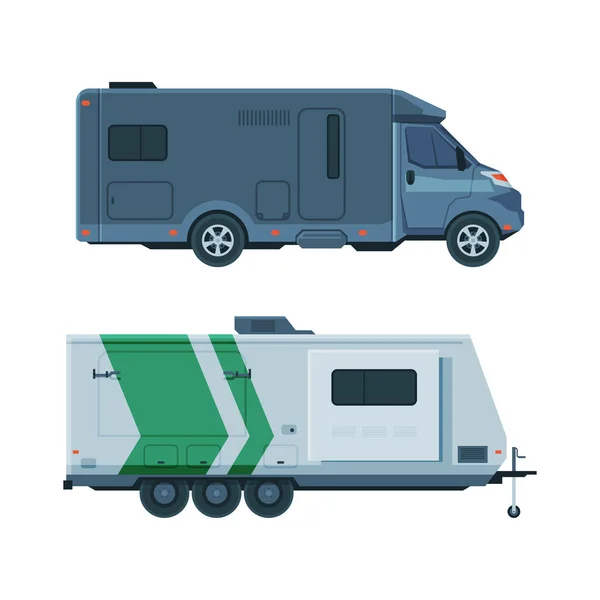 Caravan or Travel Trailer as Towed Behind Road Vehicle Side View Vector Set — Vetor de Stock