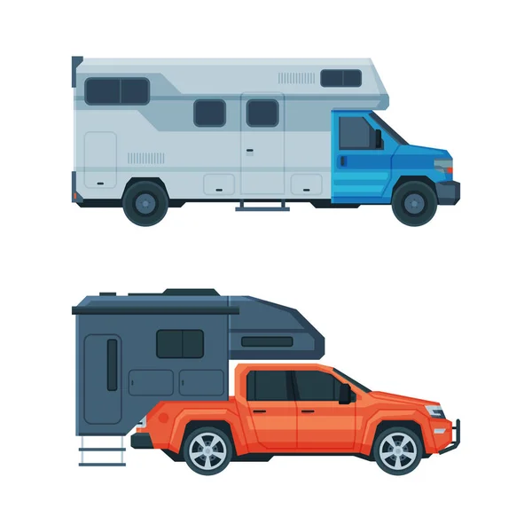 Caravan or Travel Trailer as Towed Behind Road Vehicle Side View Vector Set — Vetor de Stock