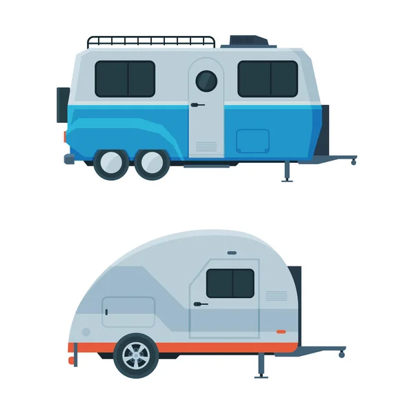 Caravan or Travel Trailer as Towed Behind Road Vehicle Side View Vector Set — Vetor de Stock