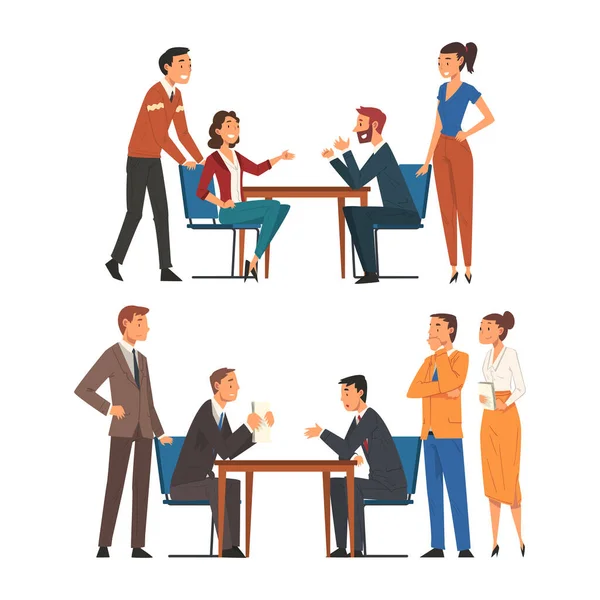 Business Partner Sitting at Table Face to Face Engaged in Negotiation Vector Set — Stockový vektor