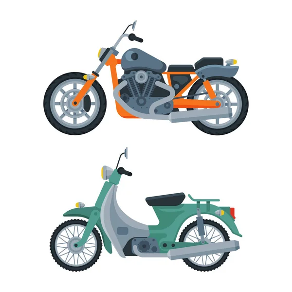 Motorcycle or Motorbike and Scooter as Two-wheeled Motor Vehicle Side View Vector Set — Stock vektor