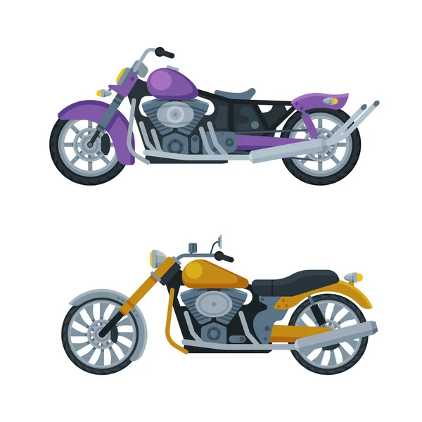 Motorcycle or Motorbike Type as Two-wheeled Motor Vehicle Side View Vector Set — стоковый вектор