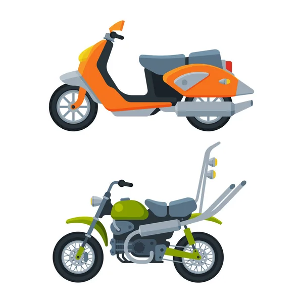 Motorcycle or Motorbike and Scooter as Two-wheeled Motor Vehicle Side View Vector Set — Vector de stock