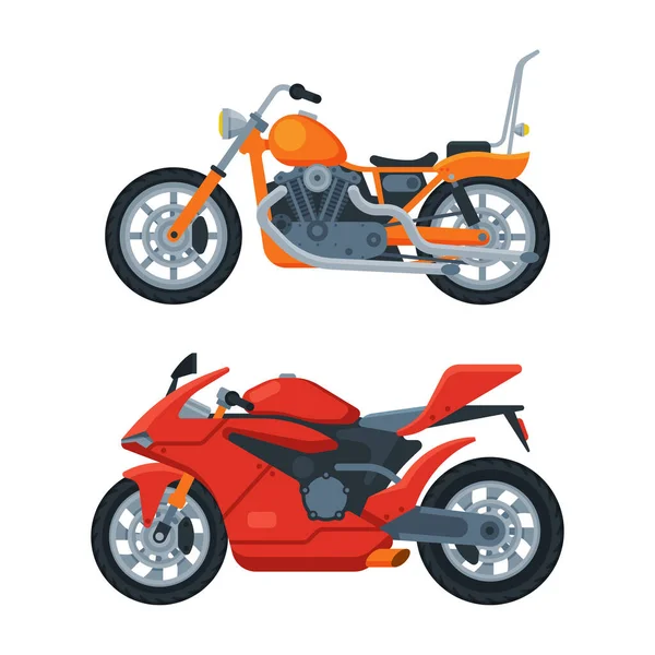 Motorcycle or Motorbike Type as Two-wheeled Motor Vehicle Side View Vector Set — Vettoriale Stock