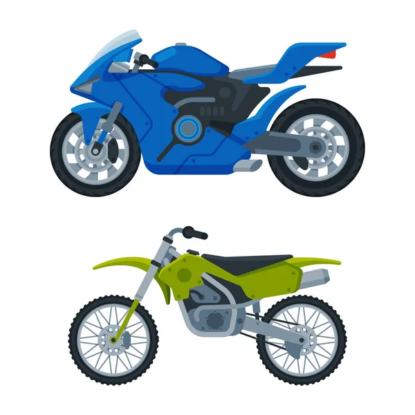 Motorcycle or Motorbike Type as Two-wheeled Motor Vehicle Side View Vector Set — 图库矢量图片